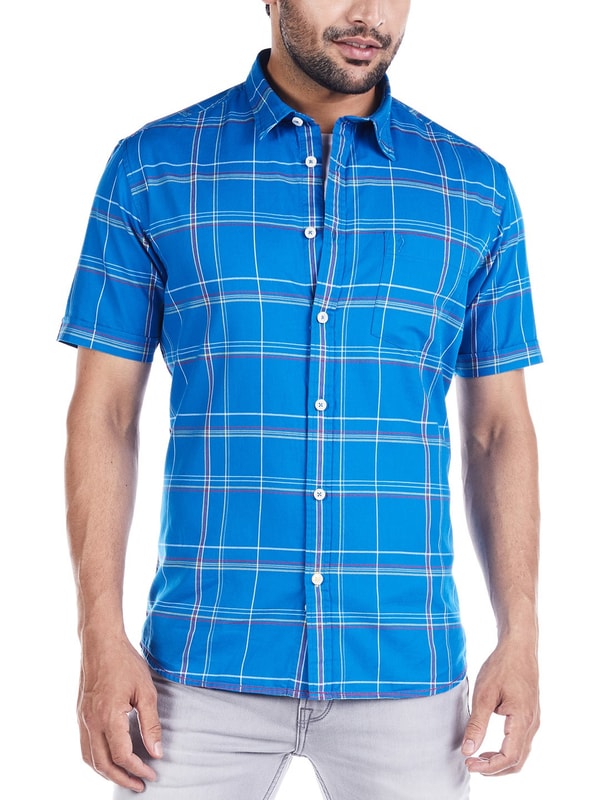 Ocean Blue Short Sleeves Check Cotton Shirt
